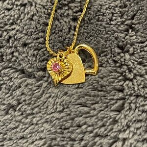 Gold Heart Pendant Necklace with Pink Gemstone